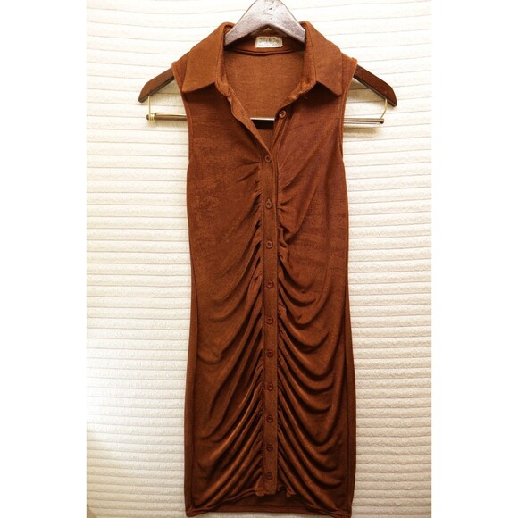 Jolie & Joy by FCT With Love Dresses & Skirts - Jolie & Joy Ruched Long Shirt Dress Cognac Size M Y2K Collared Buttons Style